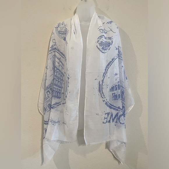 Women’s Scarf One Size White Blue Cotton Italy With Love Novelty Print - Picture 3 of 10